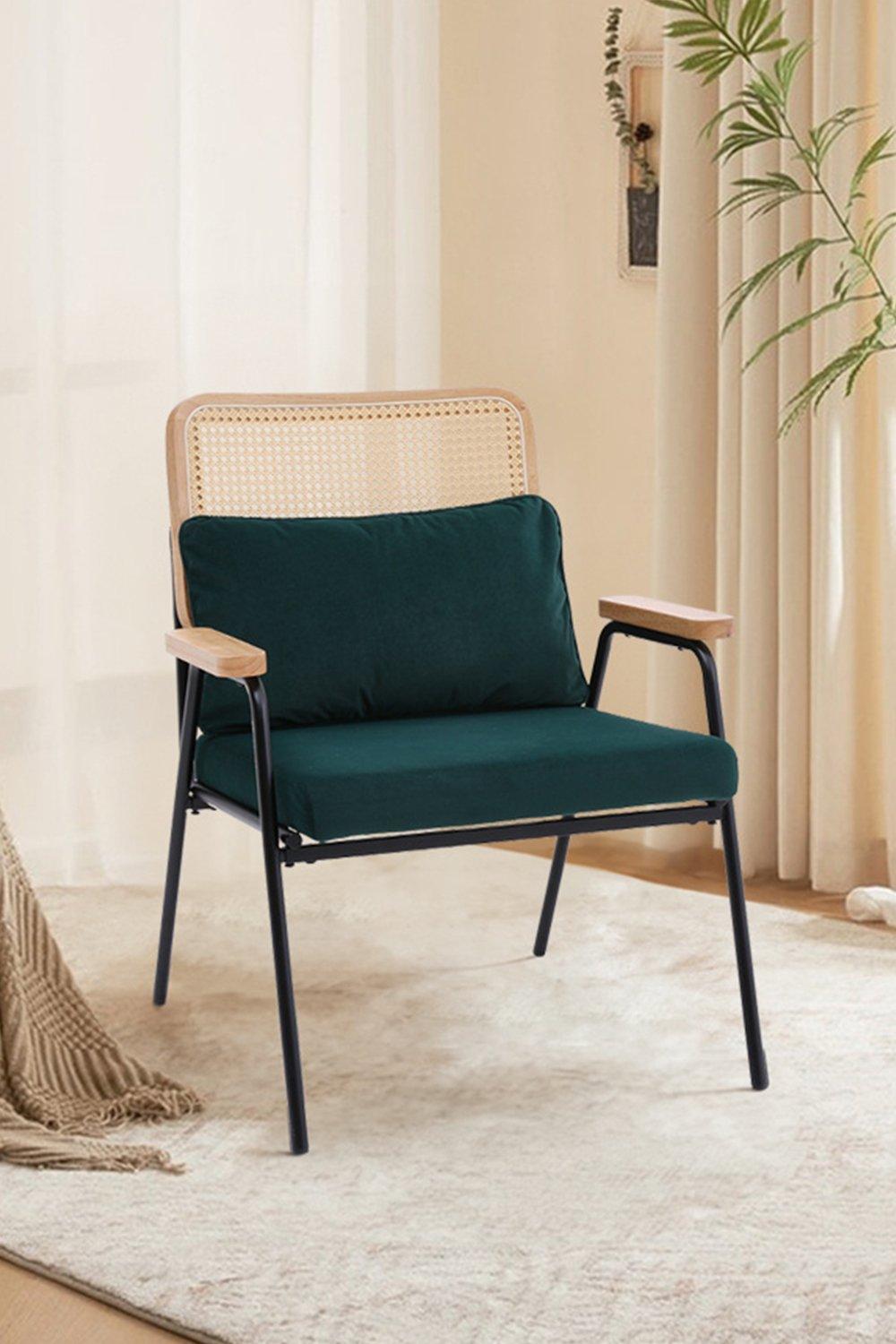 Rattan Back Upholstered Armchair with Metal Legs